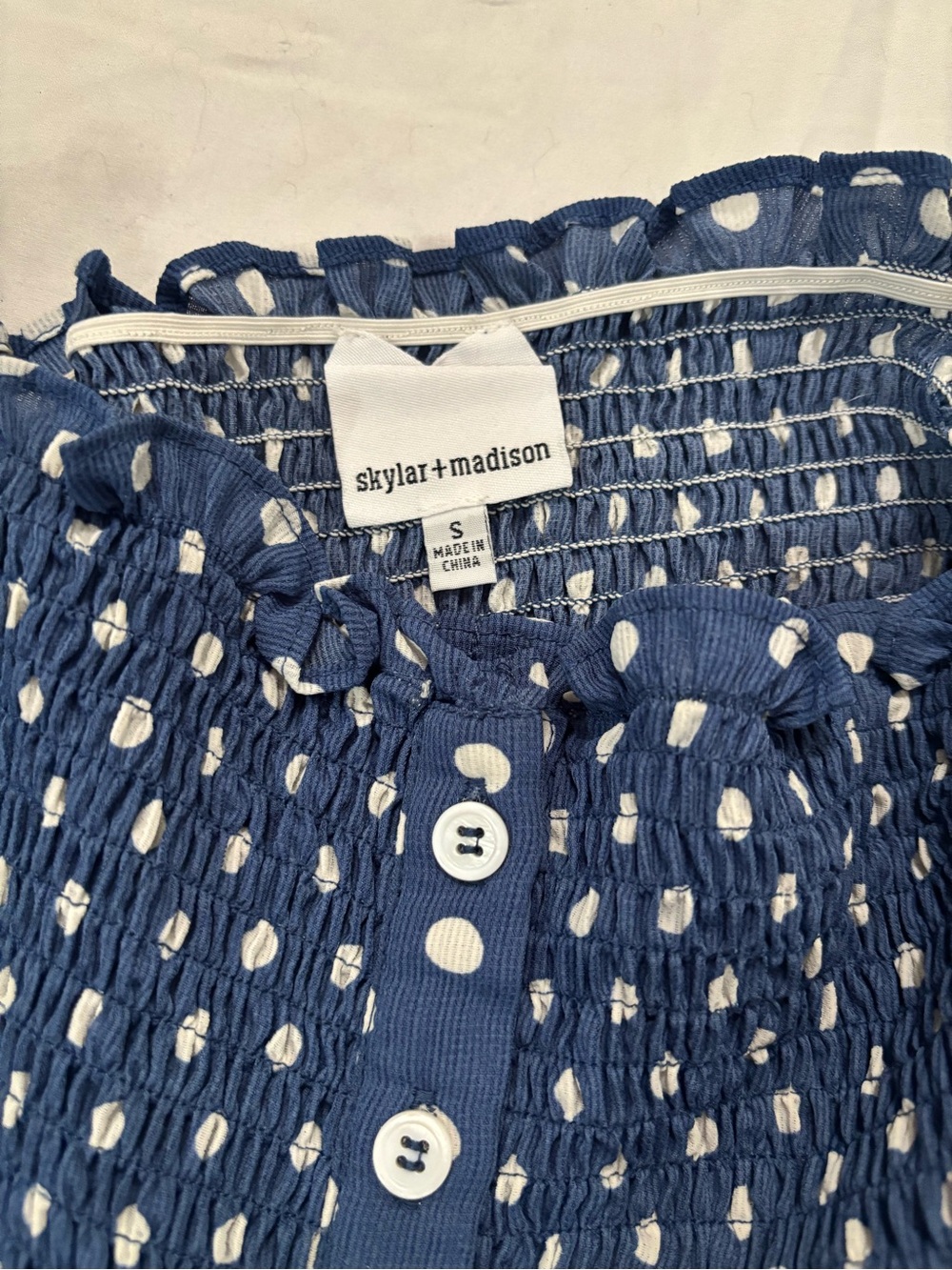 Skylar + Madison Navy Blue Polka Dot Off-Shoulder Smocked Crop Top - Picture 6 of 7